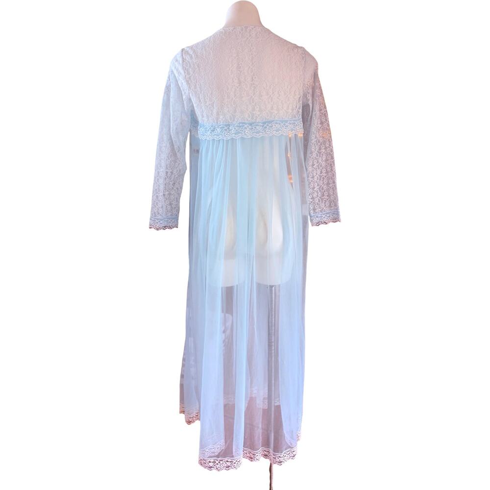 Vintage Miss Elaine 1960s Baby Blue Chiffon Peignoir Robe Lace Sleeves Medium - Picture 8 of 12